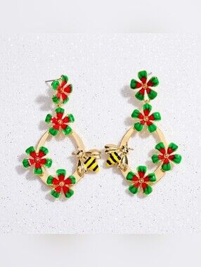 Large Gold honey bee green flower earrings